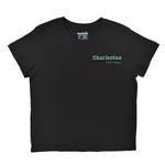 Black t-shirt with 'Charleston' text on a white background