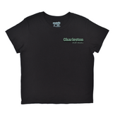 Black t-shirt with 'Charleston' text on a white background
