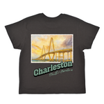 Black t-shirt with a bridge graphic and 'Charleston, South Carolina' text on a white background