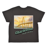 Black t-shirt with a bridge graphic and 'Charleston, South Carolina' text on a white background