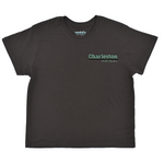 Black t-shirt with 'Charleston' text on a white background