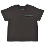 Black t-shirt with 'Charleston' text on a white background