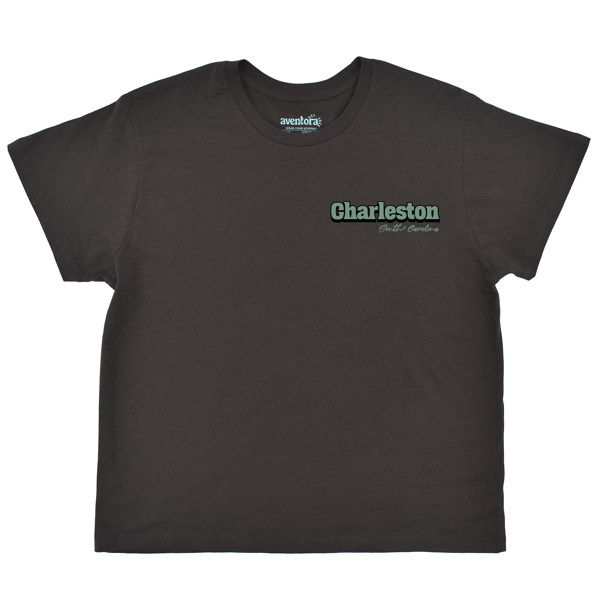 Black t-shirt with 'Charleston' text on a white background