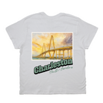 White t-shirt with a bridge graphic and 'Charleston South Carolina' text on a white background