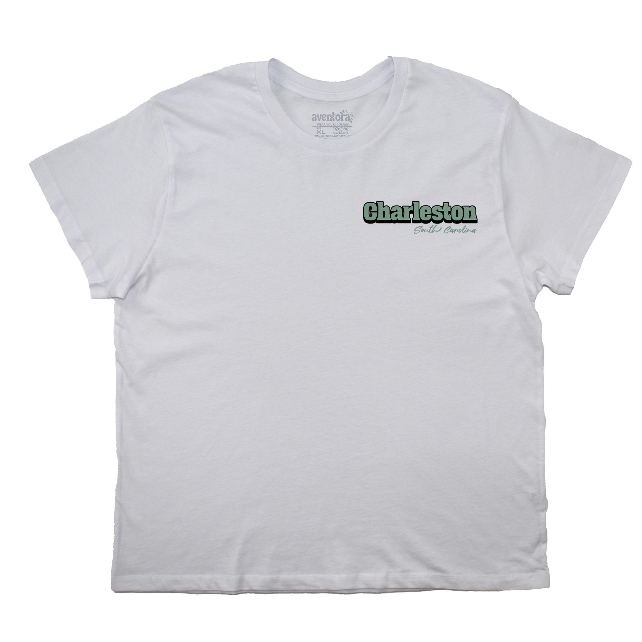 White t-shirt with 'Charleston' text on a white background