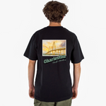 Person wearing a black t-shirt with a bridge graphic and 'Charleston' text on the back.