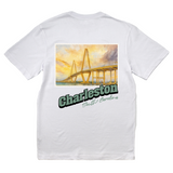 White t-shirt with a bridge graphic and 'Charleston, South Carolina' text on a white background