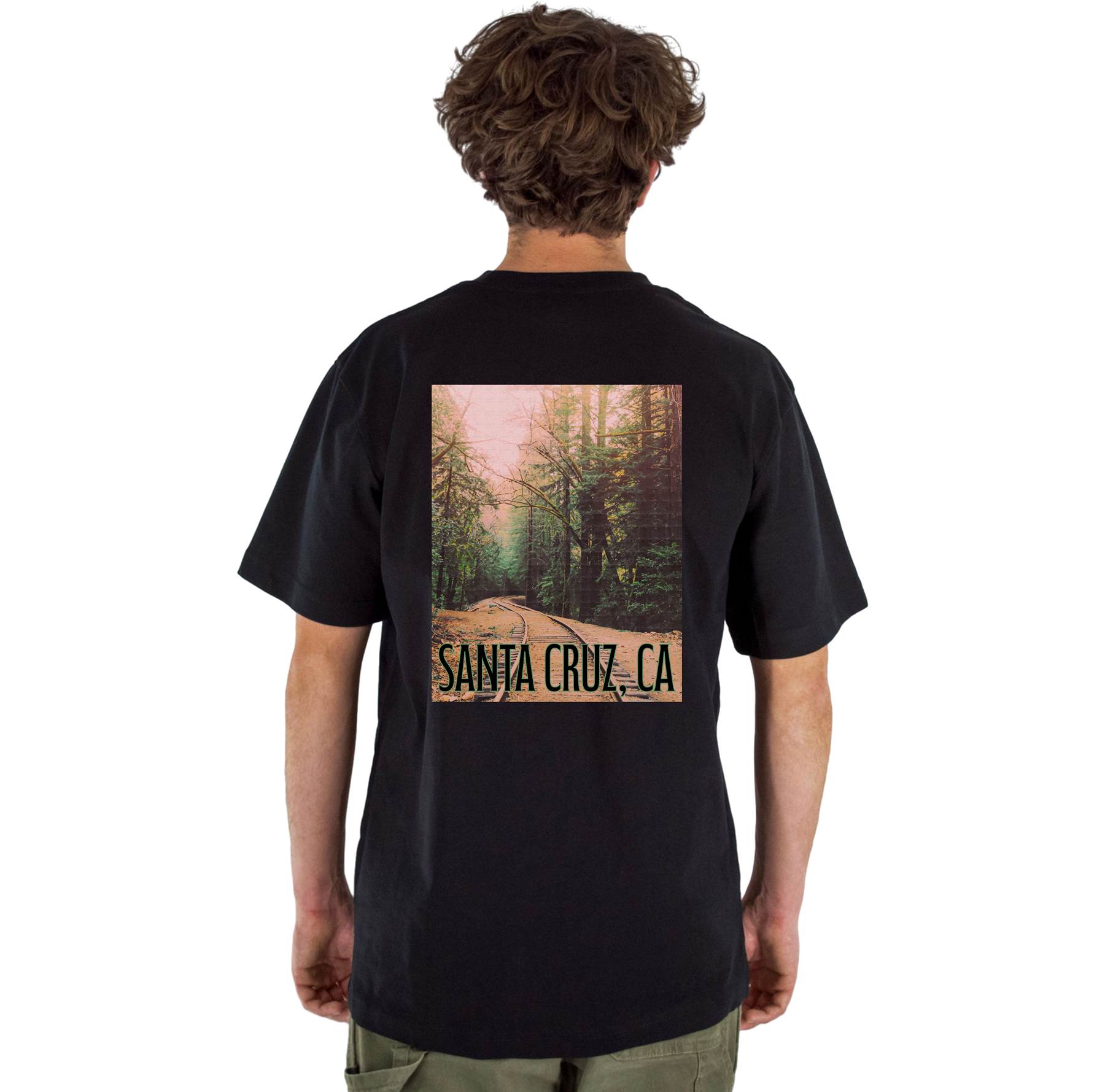 Person wearing a black t-shirt with a scenic print and 'Santa Cruz, CA' text on the back.
