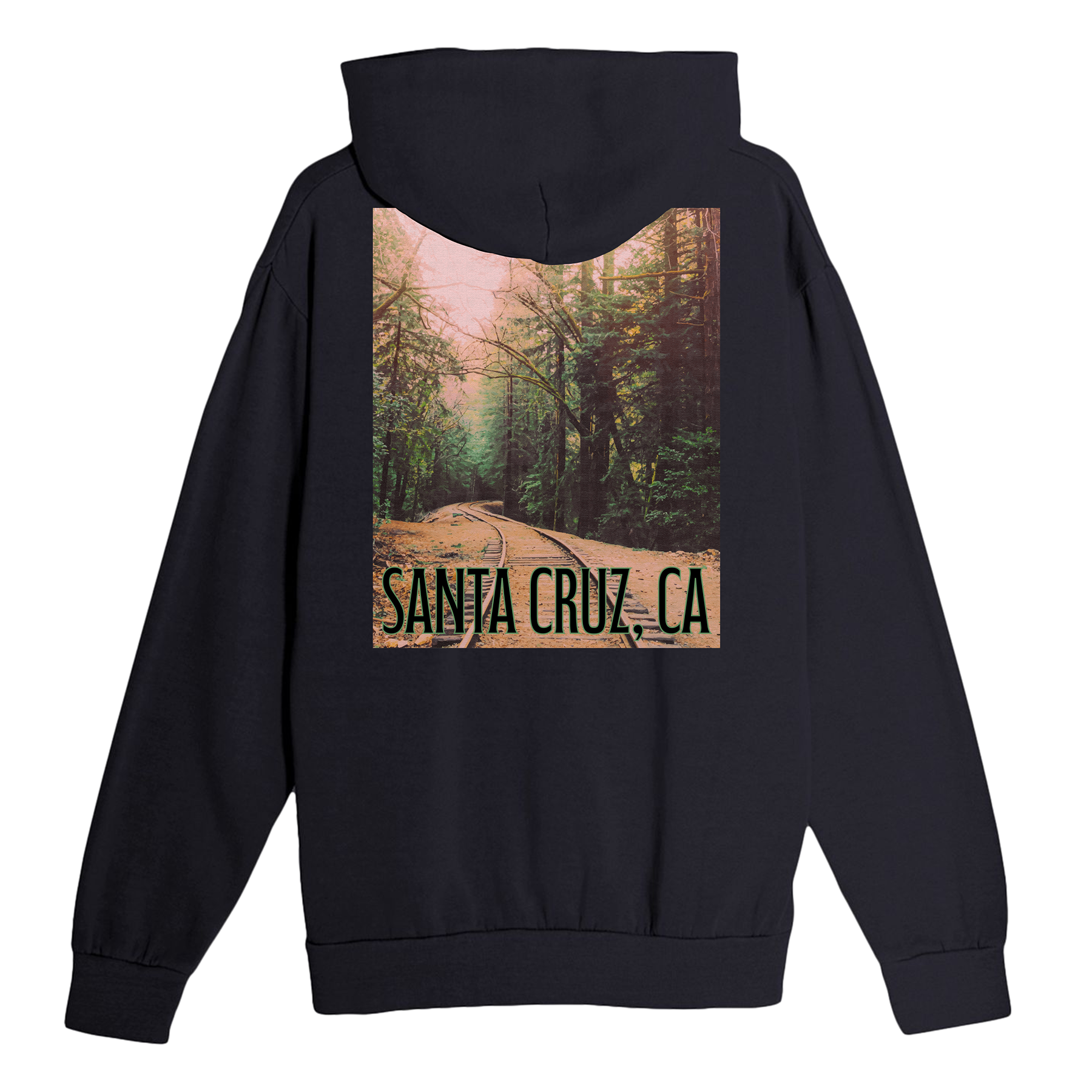 Black hoodie with a scenic print and 'Santa Cruz, CA' text on the back