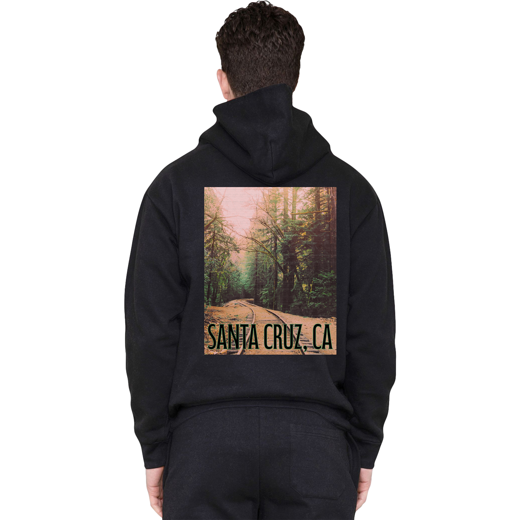 Black hoodie with a forest graphic and 'Santa Cruz, CA' text on the back