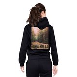Person wearing a black hoodie with a scenic print and 'Santa Cruz, CA' text on the back.