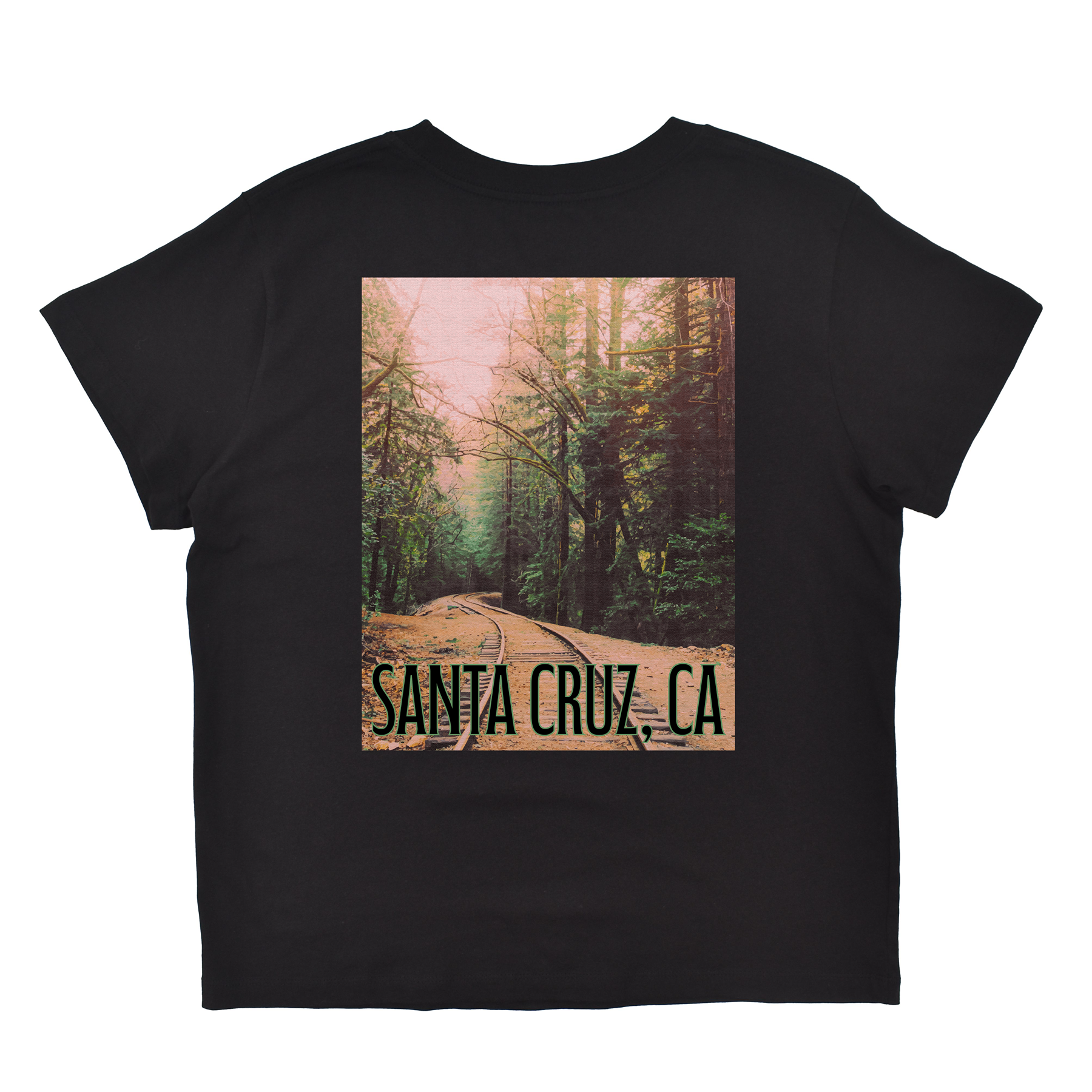 Black t-shirt with a forest graphic and 'Santa Cruz, CA' text on a white background