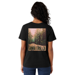Person wearing a black t-shirt with a scenic print and 'Santa Cruz, CA' text on the back.