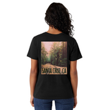Person wearing a black t-shirt with a scenic print and 'Santa Cruz, CA' text on the back.