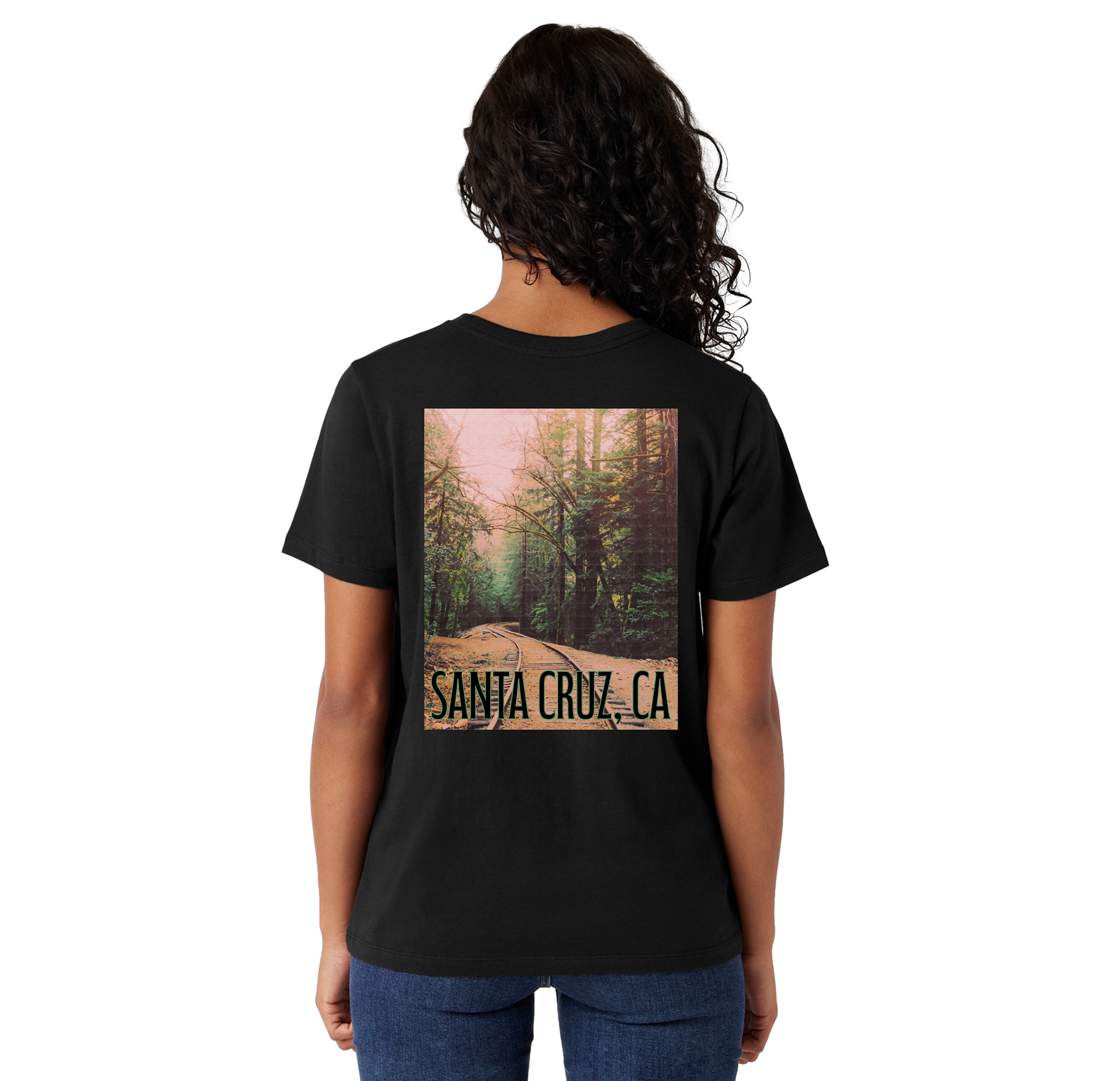 Person wearing a black t-shirt with a scenic print and 'Santa Cruz, CA' text on the back.