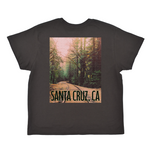 Black t-shirt with a forest graphic and 'Santa Cruz, CA' text on a white background