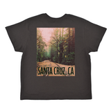 Black t-shirt with a forest graphic and 'Santa Cruz, CA' text on a white background