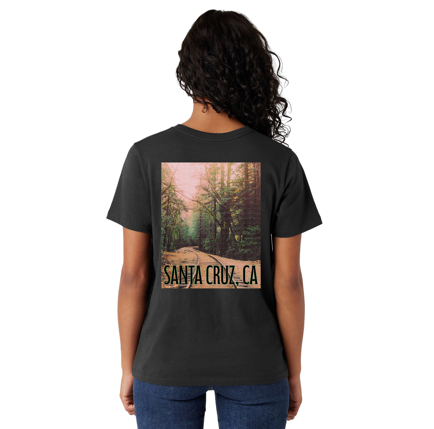 Person wearing a black t-shirt with a forest graphic and 'Santa Cruz, CA' text on the back.