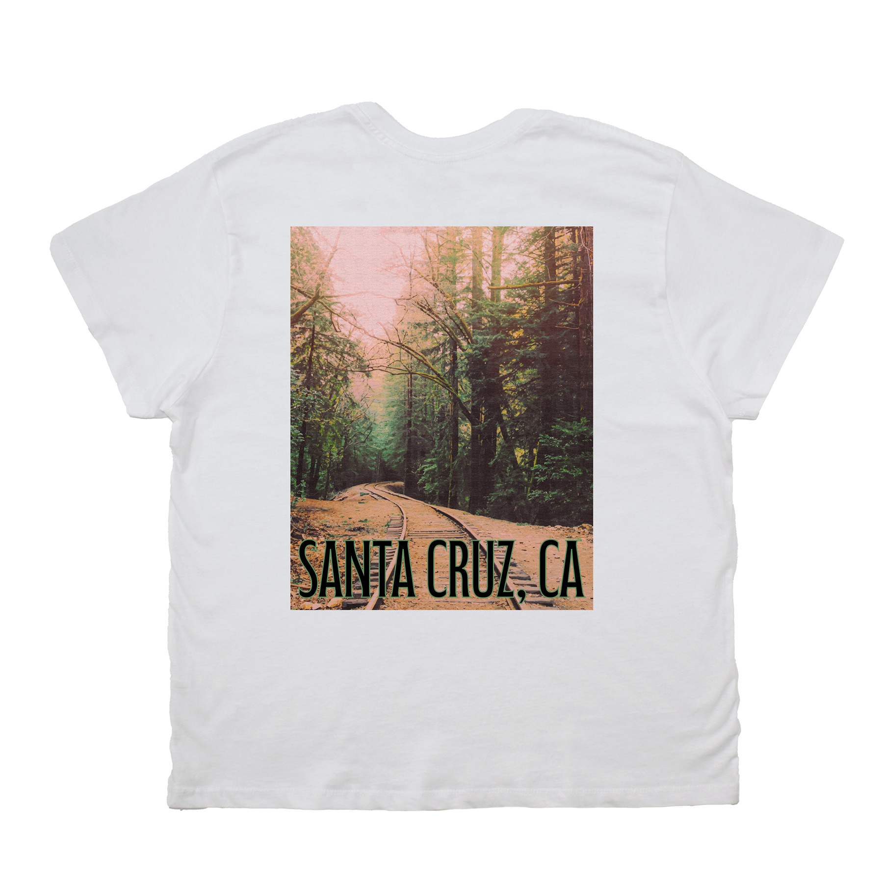 White t-shirt with a forest graphic and 'Santa Cruz, CA' text on a white background