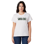 Person wearing a white t-shirt with 'Santa Cruz' text on a white background