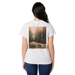 Person wearing a white t-shirt with a scenic print and 'Santa Cruz, CA' text on the back.