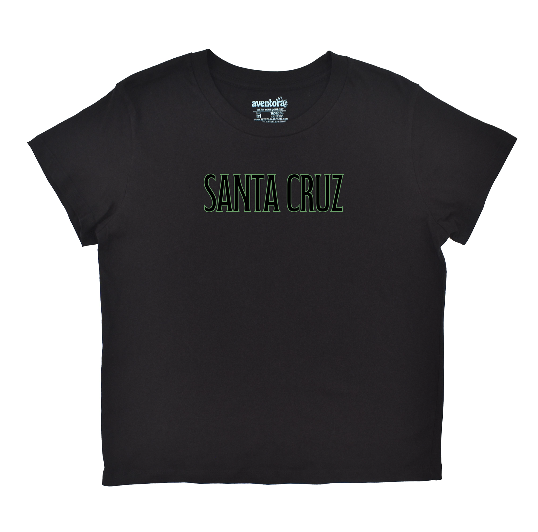 Black t-shirt with 'Santa Cruz' text on a white background