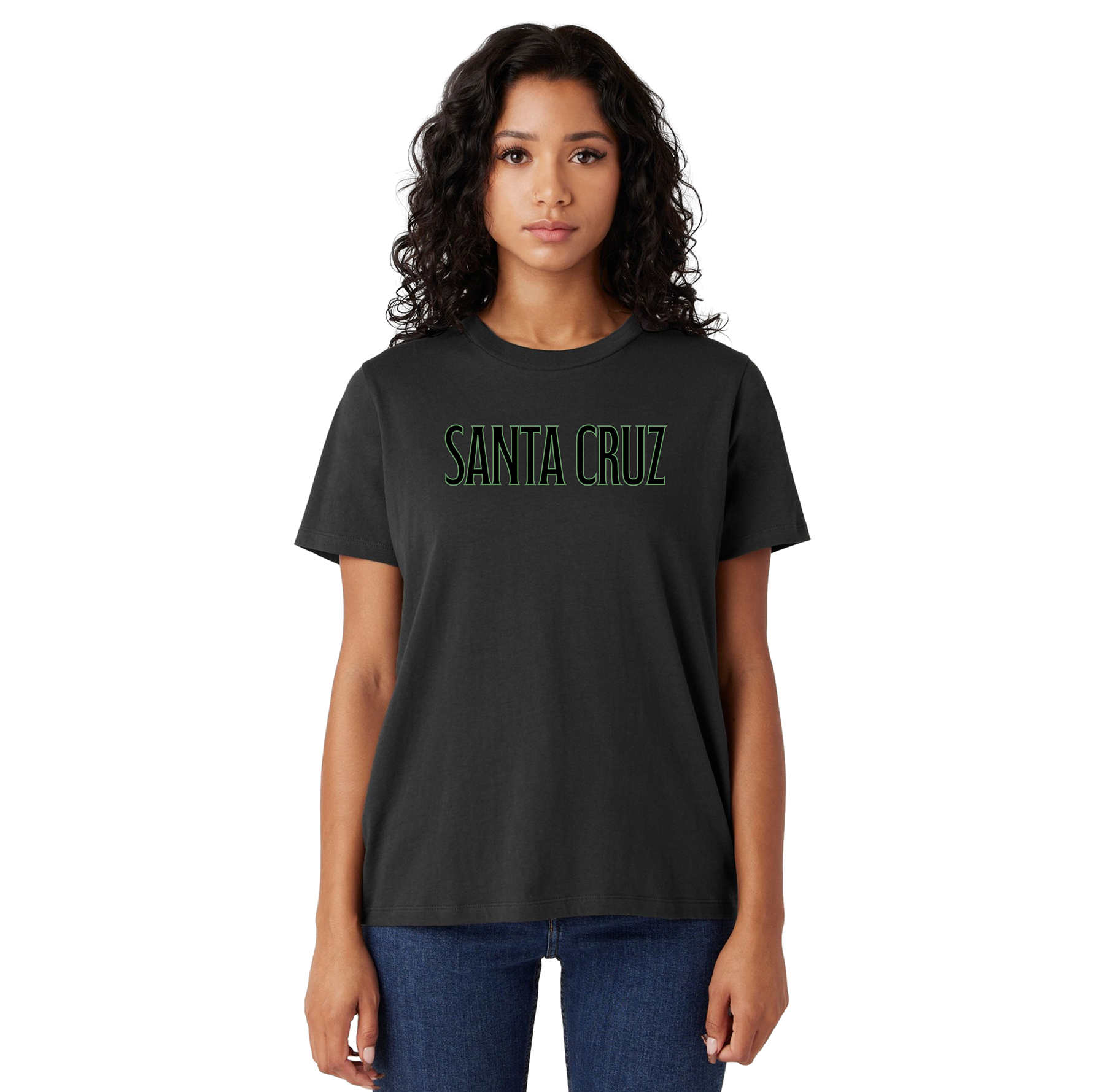 Person wearing a black t-shirt with 'Santa Cruz' text on a white background