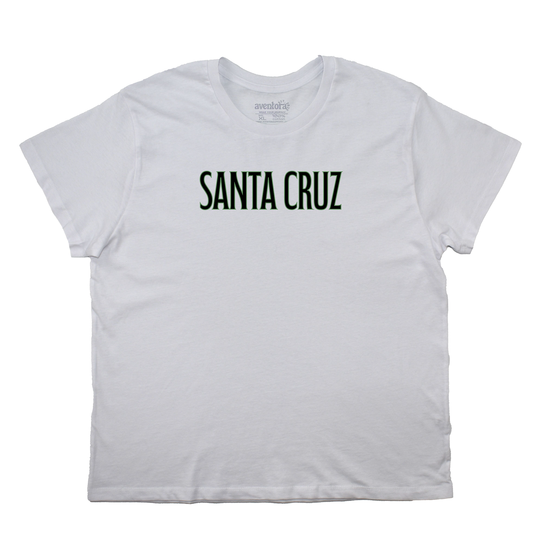 White t-shirt with 'Santa Cruz' text on a white background