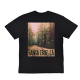 Black t-shirt with a forest graphic and 'Santa Cruz, CA' text on a white background