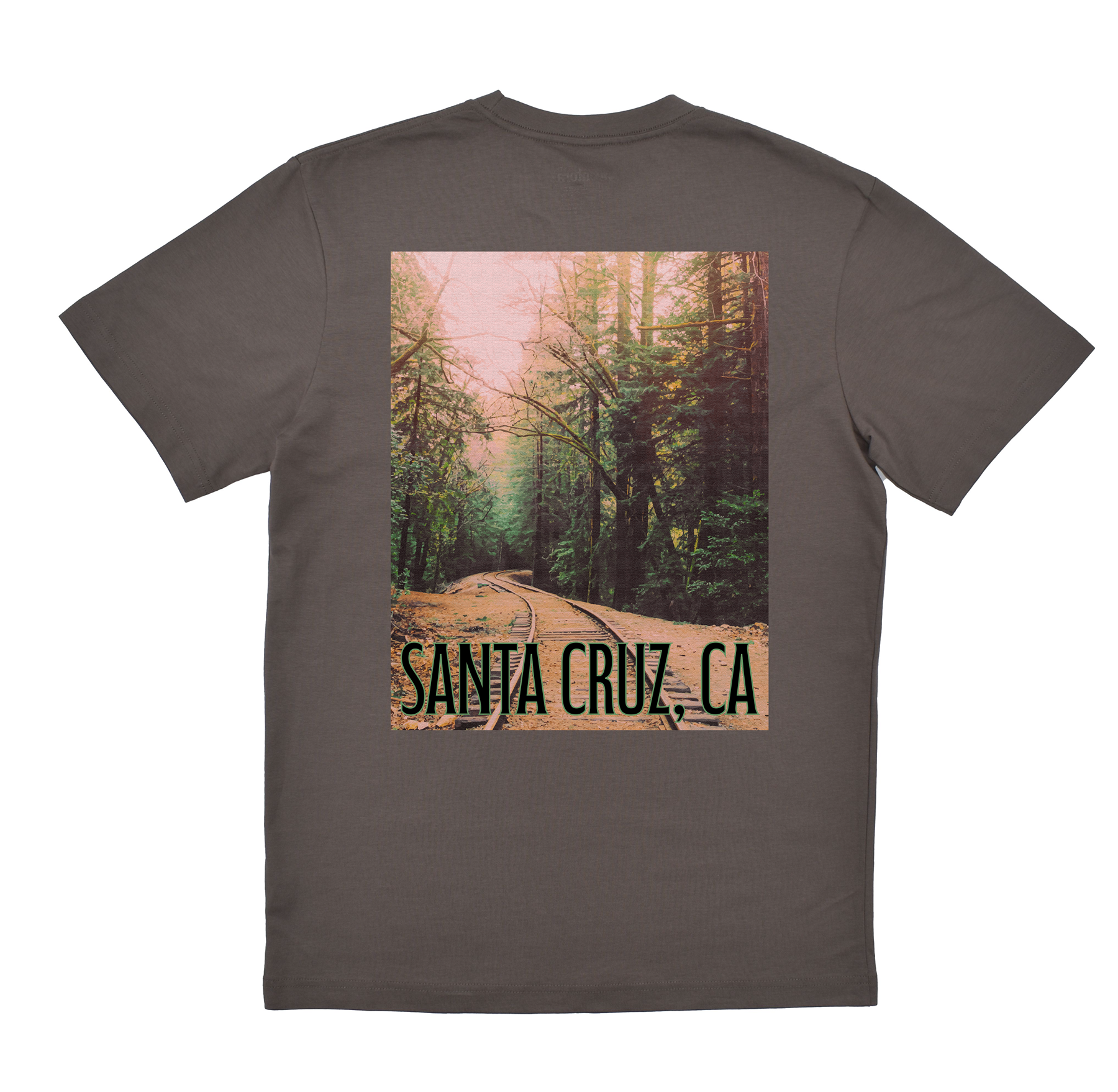 Gray t-shirt with a scenic print of a forest road and 'Santa Cruz, CA' text on a white background