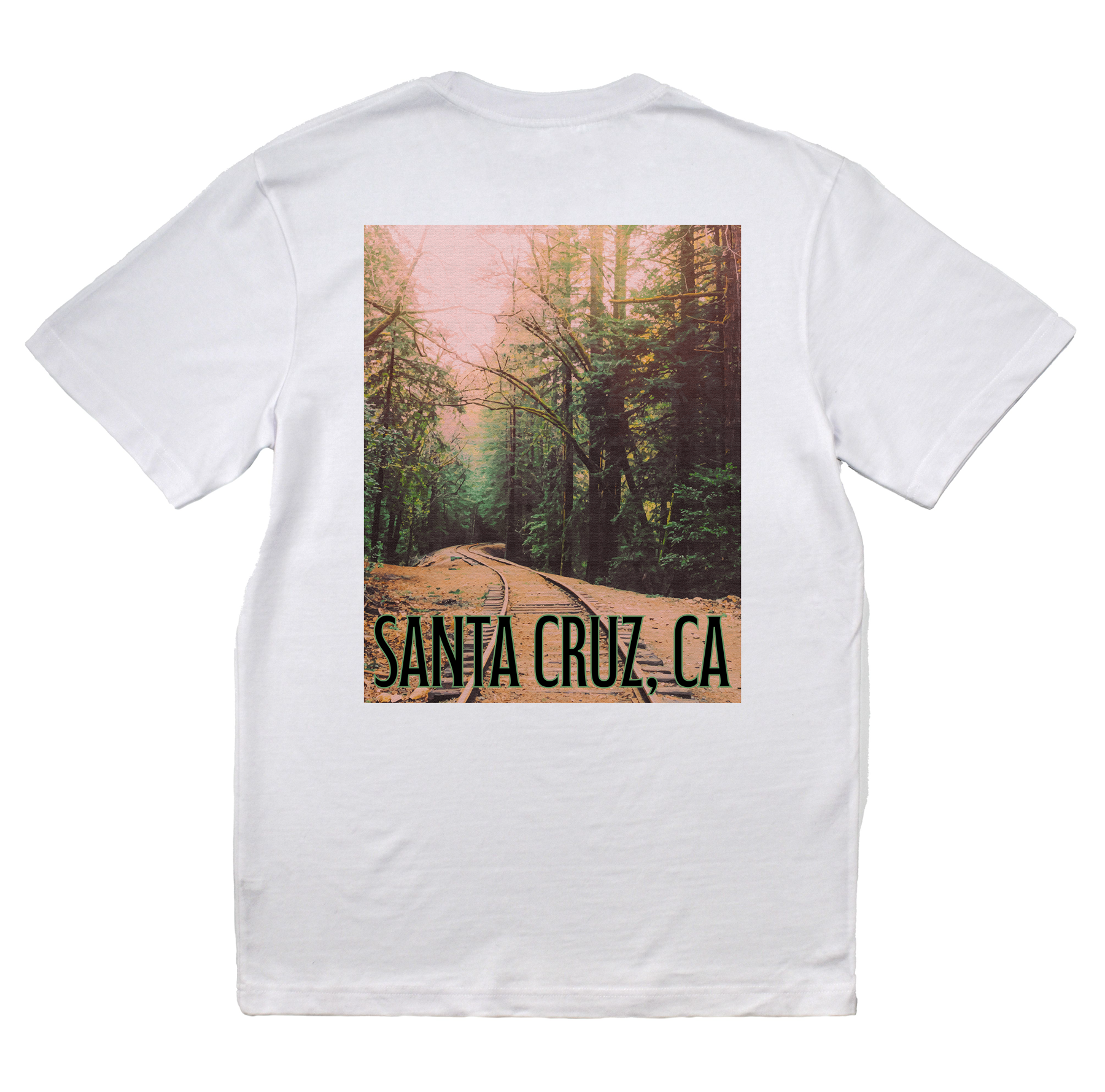 White t-shirt with a scenic print of a forest road and 'Santa Cruz, CA' text on a white background