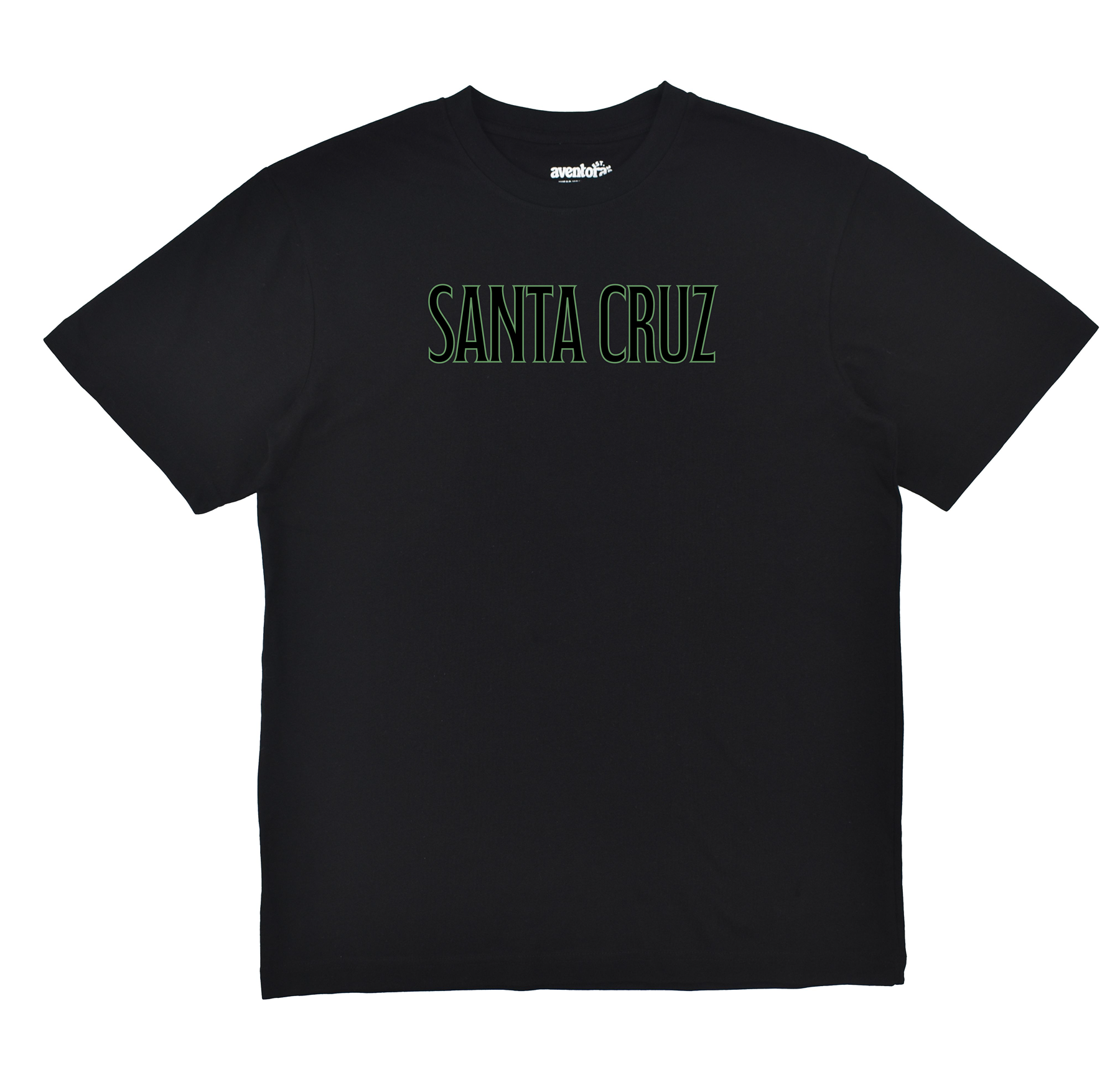 Black t-shirt with 'Santa Cruz' text on a white background