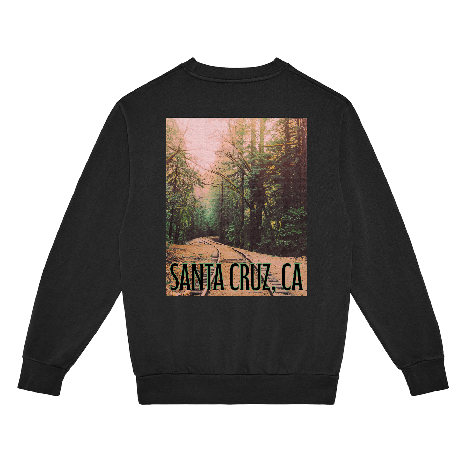 Black sweatshirt with a scenic print and 'Santa Cruz, CA' text on a white background