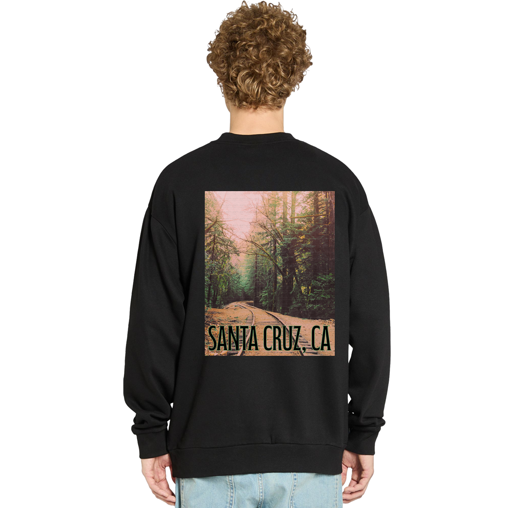 Black sweatshirt with a forest graphic and 'Santa Cruz, CA' text on the back, worn by a person.