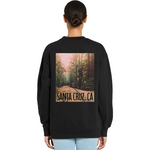Black sweatshirt with a forest graphic and 'Santa Cruz, CA' text on the back