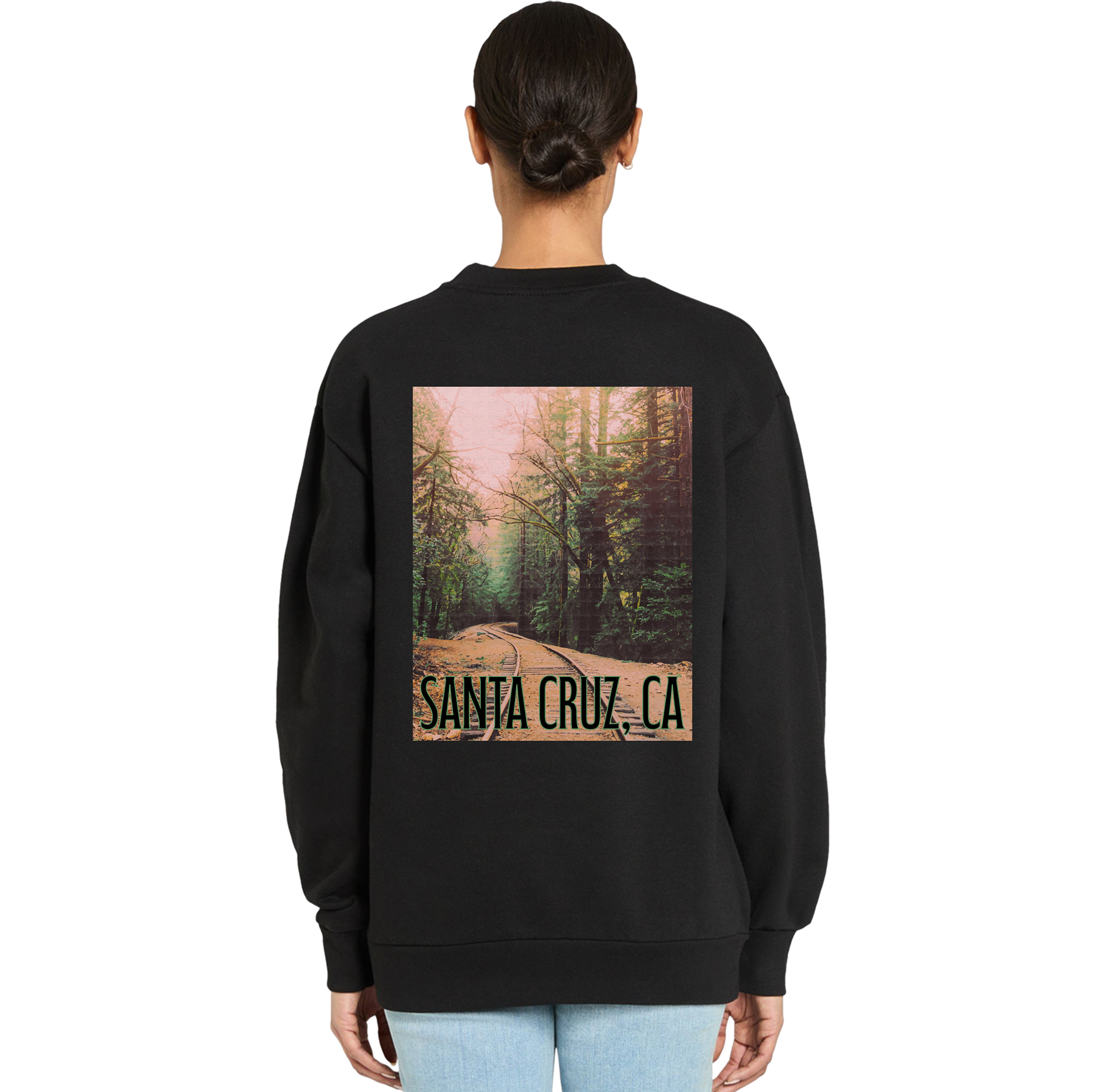 Black sweatshirt with a forest graphic and 'Santa Cruz, CA' text on the back