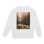 White sweatshirt with a forest graphic and 'Santa Cruz, CA' text on a white background