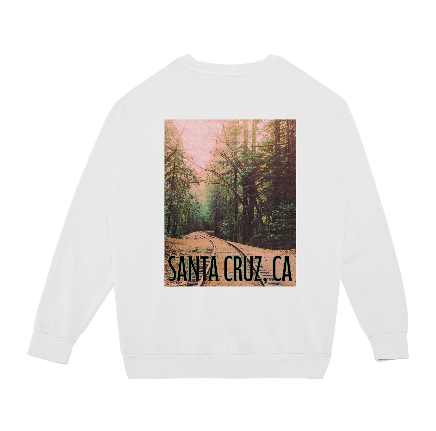 White sweatshirt with a forest graphic and 'Santa Cruz, CA' text on a white background