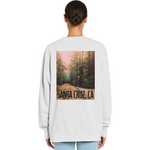 Person wearing a white sweatshirt with a graphic of a forest and 'Santa Cruz, CA' text on the back.