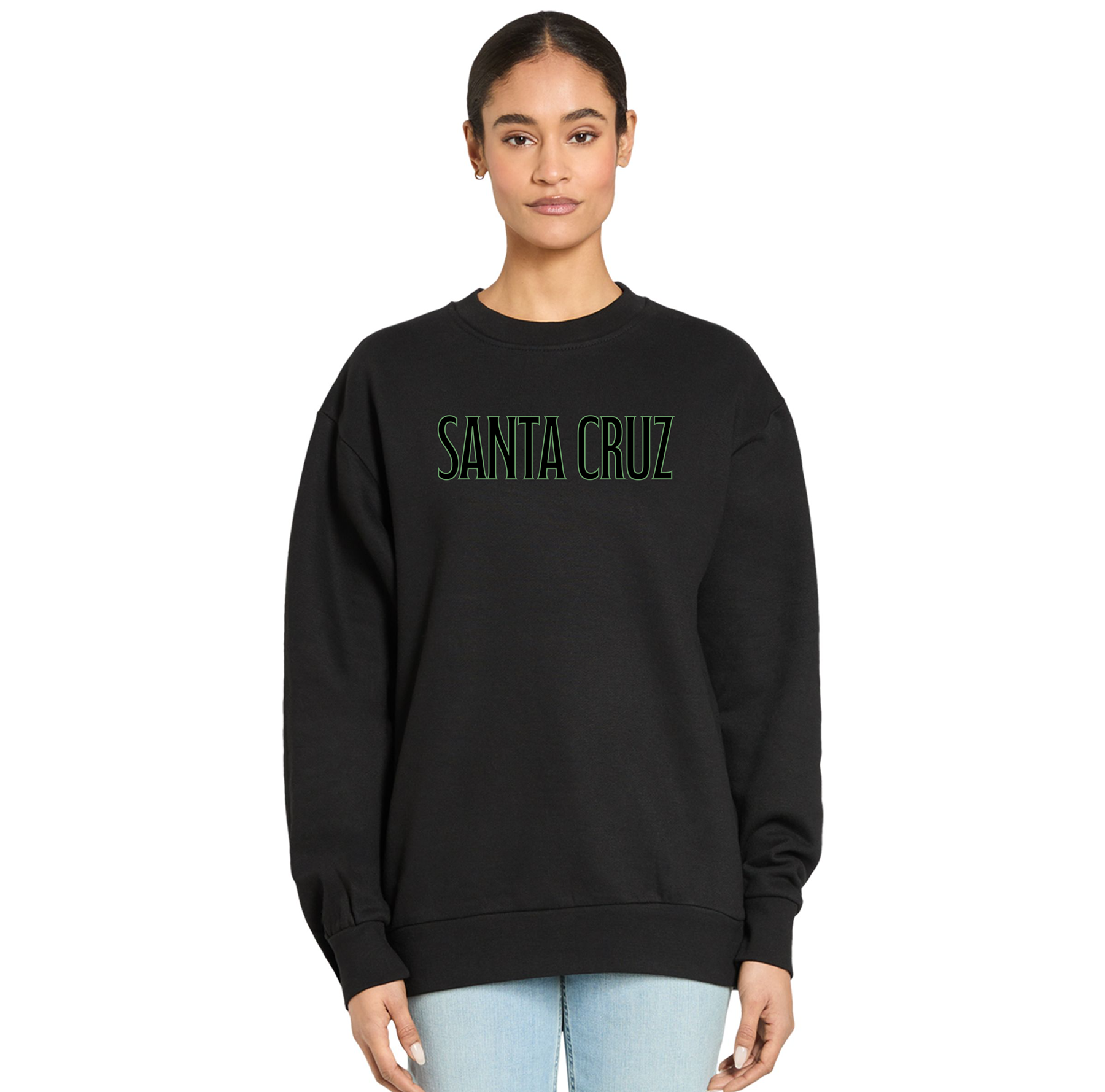Person wearing a black sweatshirt with 'Santa Cruz' text on a white background