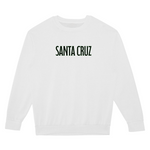 White sweatshirt with 'Santa Cruz' text on a white background