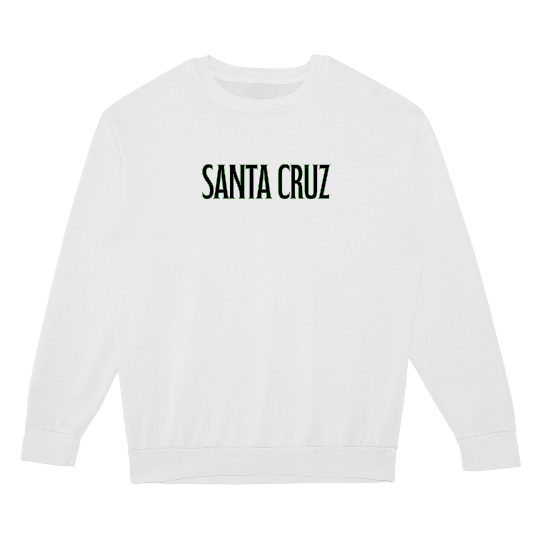 White sweatshirt with 'Santa Cruz' text on a white background