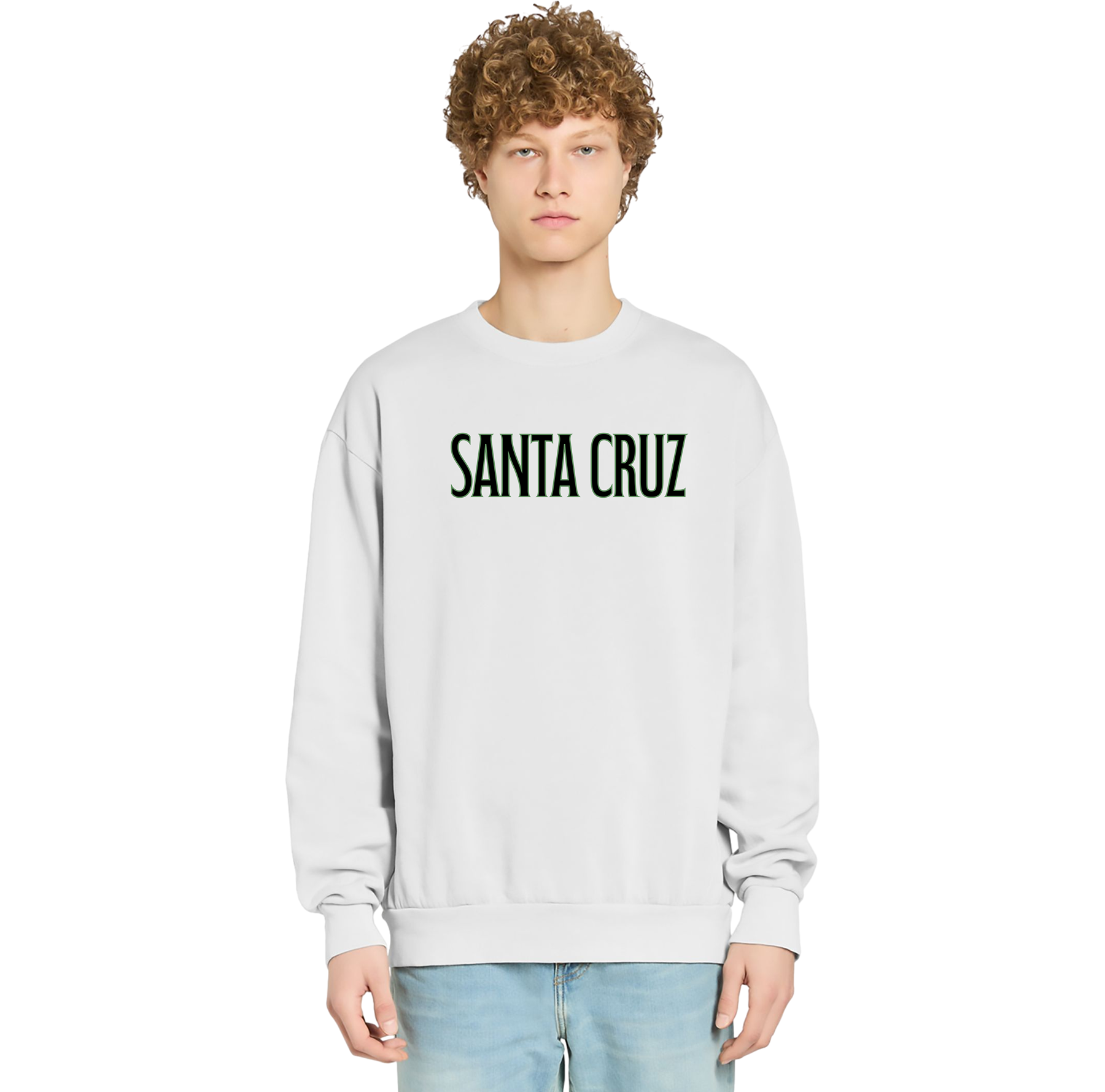 Person wearing a light gray sweatshirt with 'Santa Cruz' text on a white background