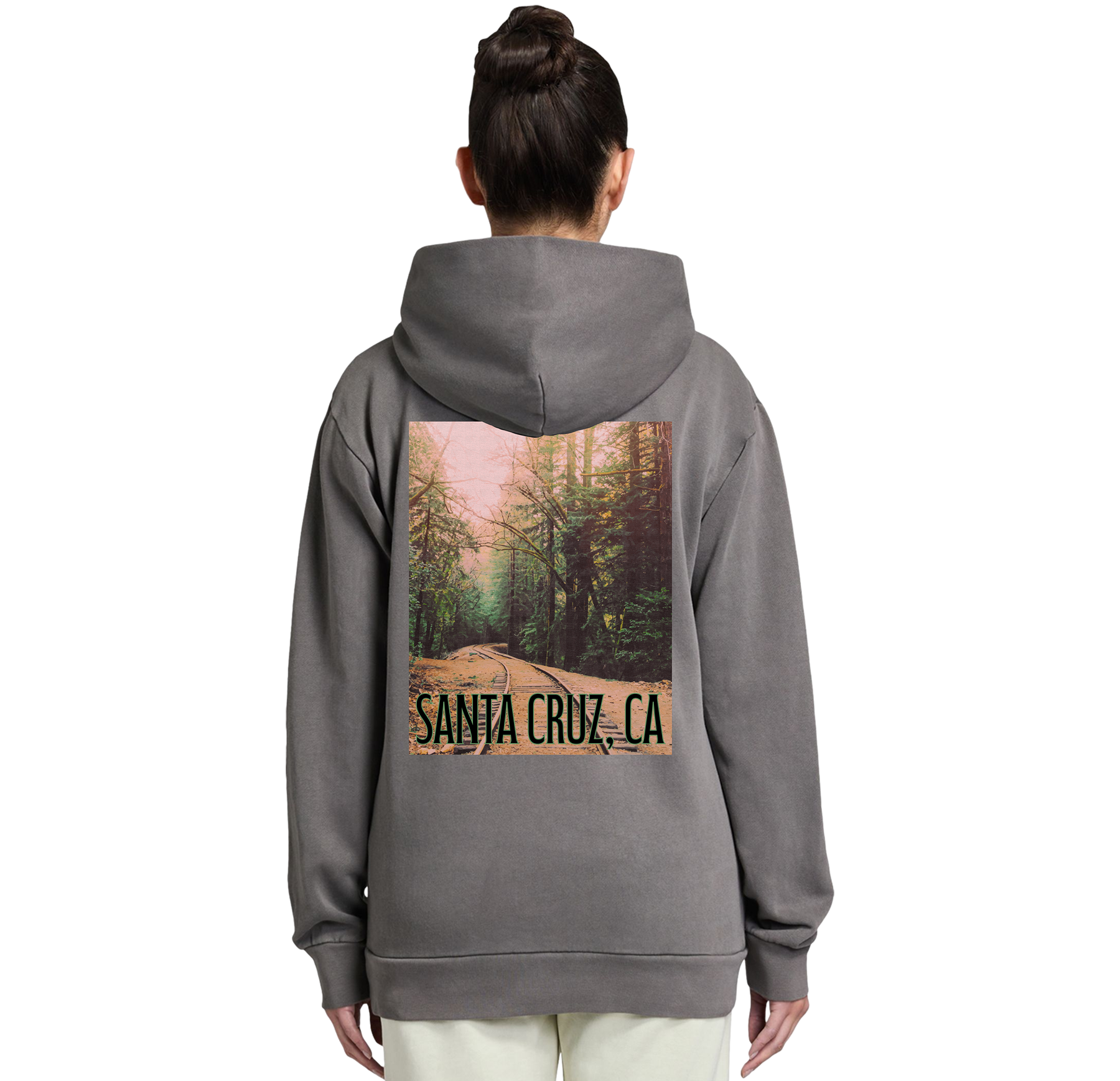 Person wearing a gray hoodie with a forest graphic and 'Santa Cruz, CA' text on the back.
