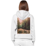 White hoodie with a forest design and 'Santa Cruz, CA' text on the back