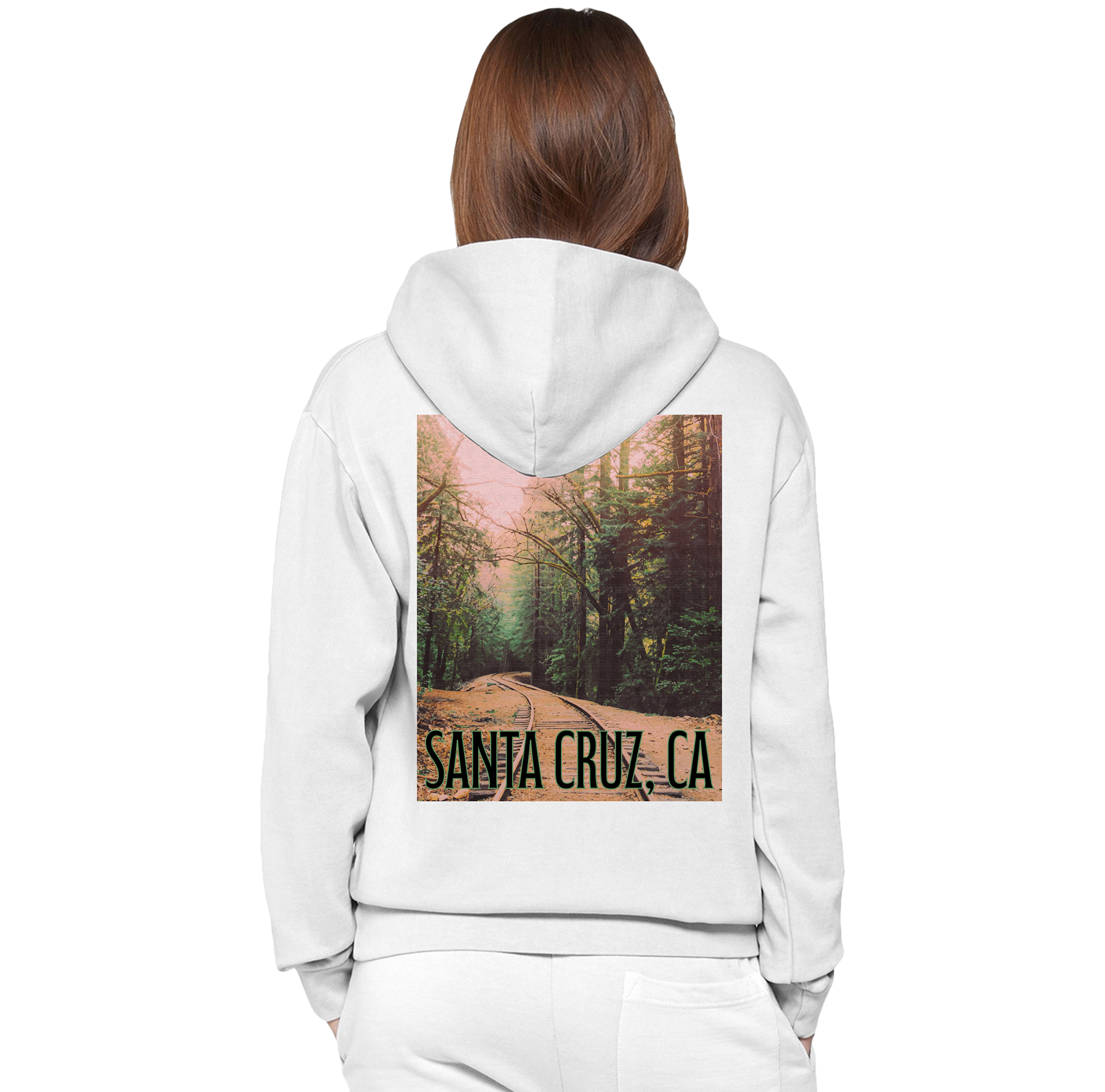 White hoodie with a forest design and 'Santa Cruz, CA' text on the back