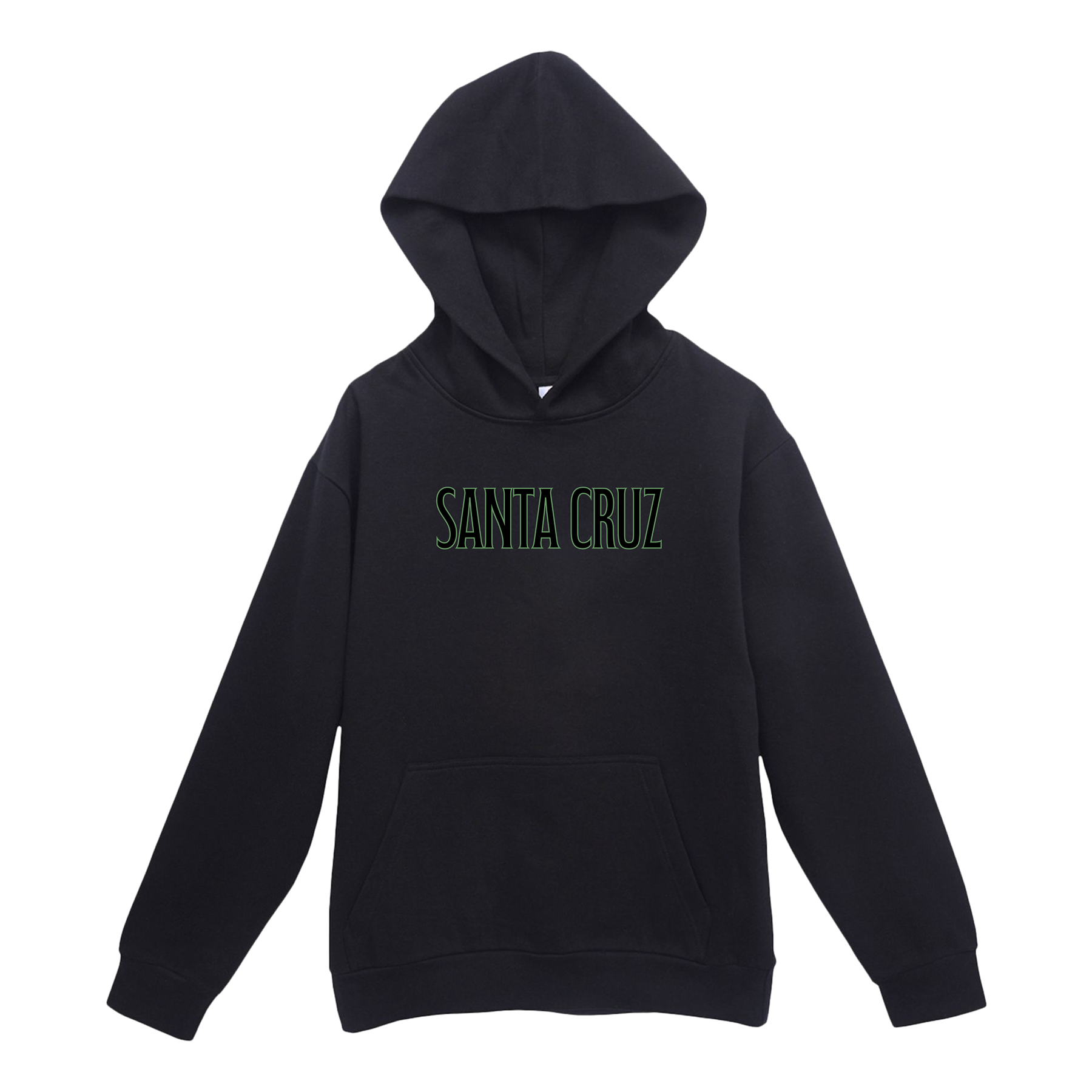 Black hoodie with 'Santa Cruz' text on a white background