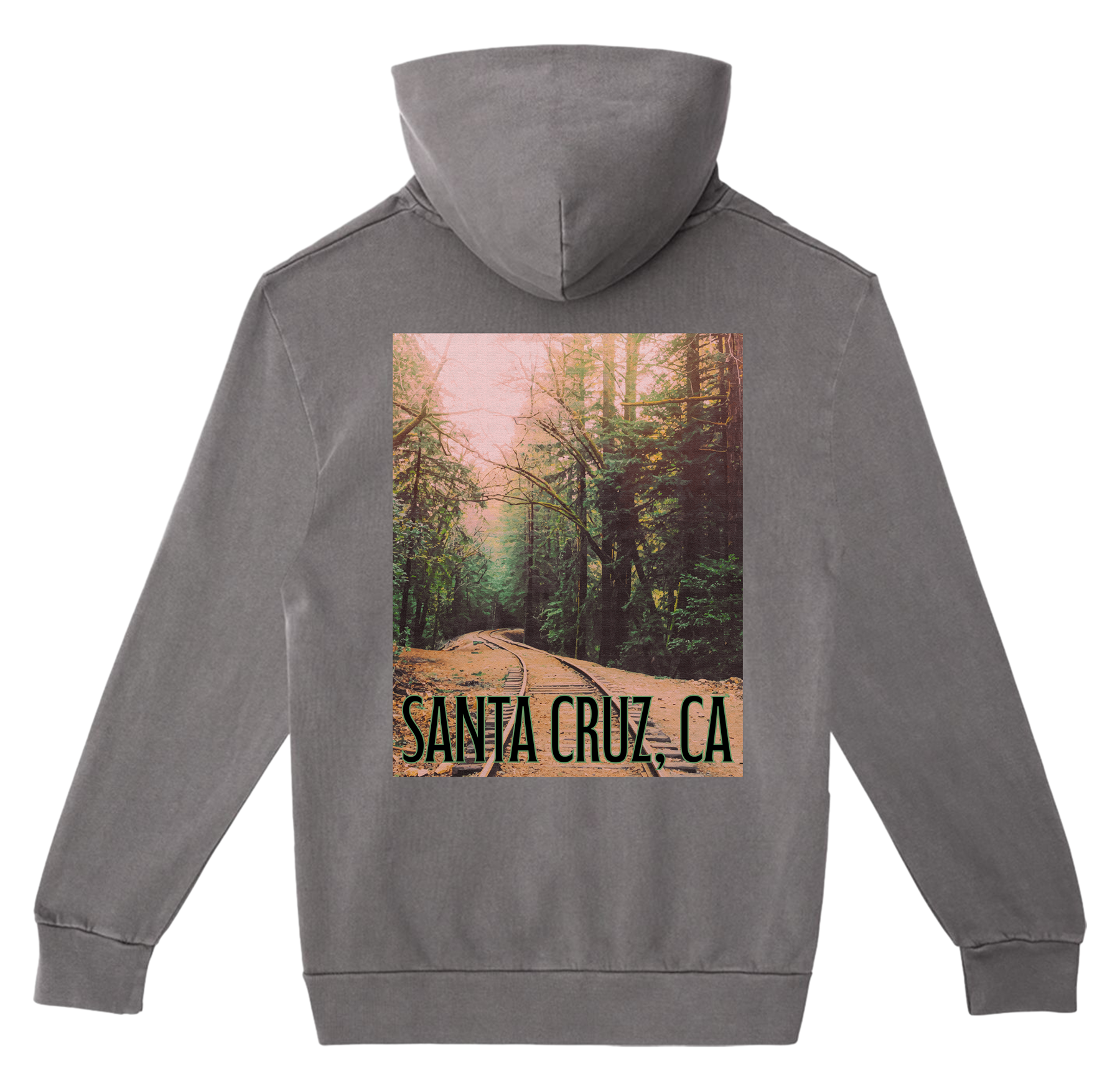 Gray hoodie with a scenic print of Santa Cruz, CA on the back