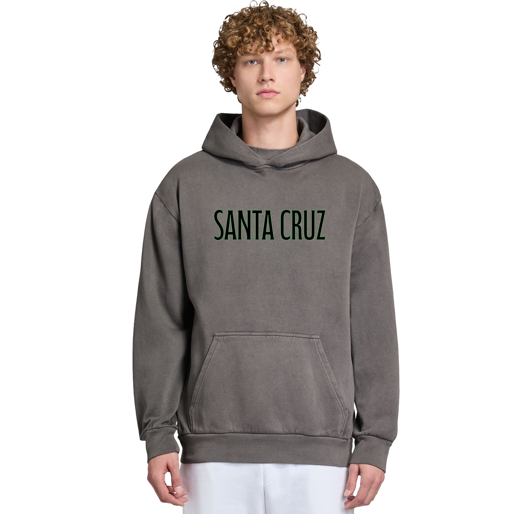 Person wearing a gray hoodie with 'Santa Cruz' text on a white background