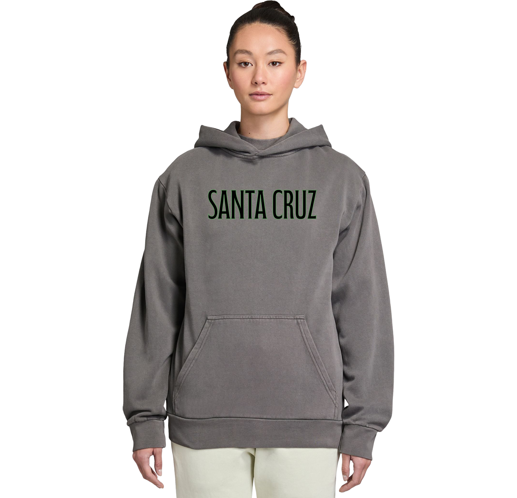Person wearing a gray hoodie with 'Santa Cruz' text on a white background